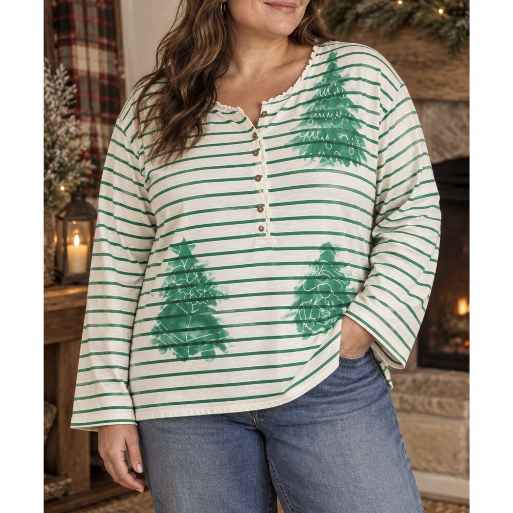 J Crew Shirt Womens 2X Green White Striped Christmas Wearable Art Cotton Top